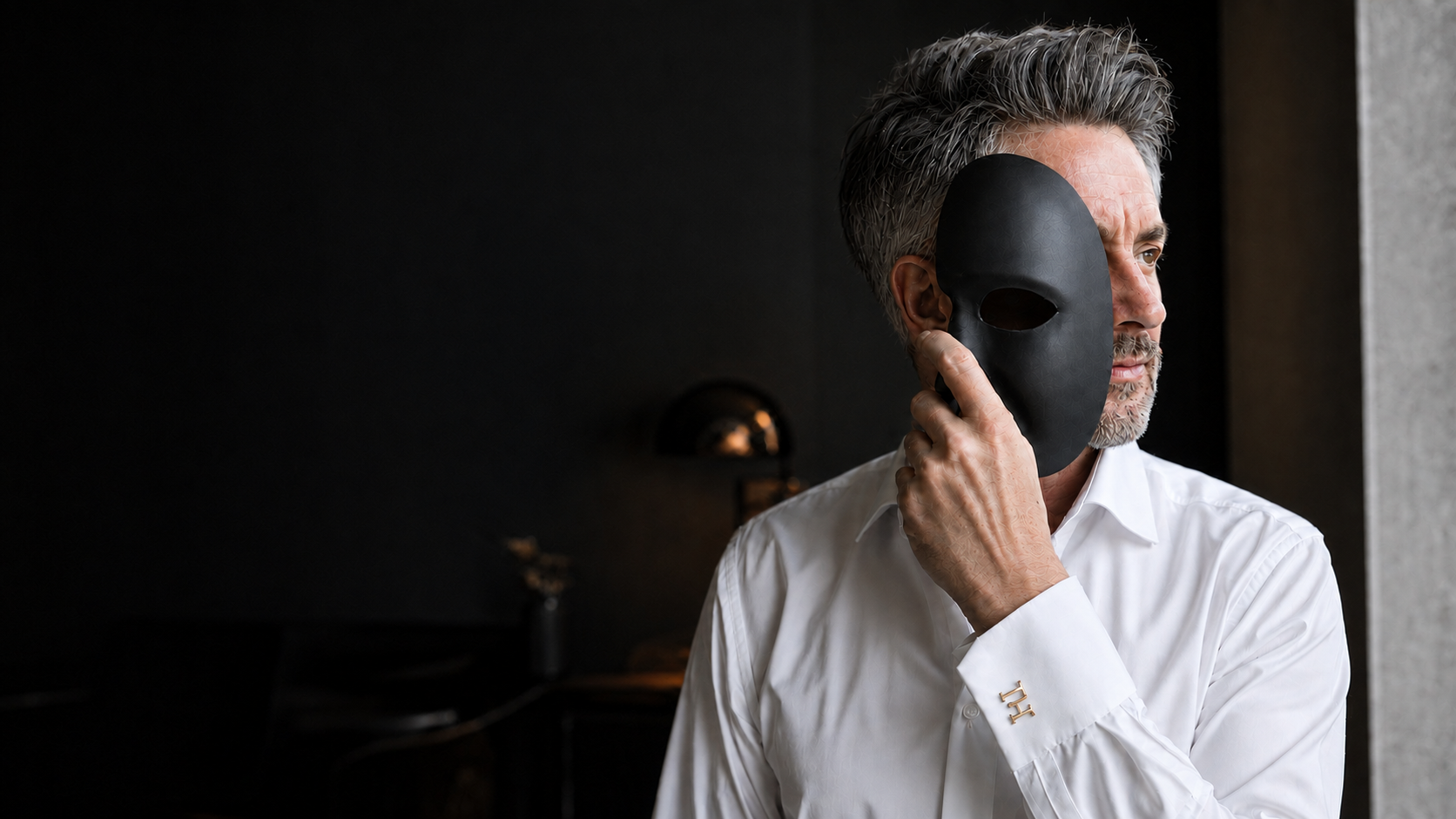 Tom Hope med en mørk maske, som symbol på fasaden mange menn bærer